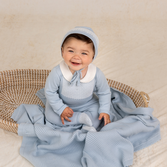 Jacquard Collared Knit Romper & Bonnet: Powder Blue