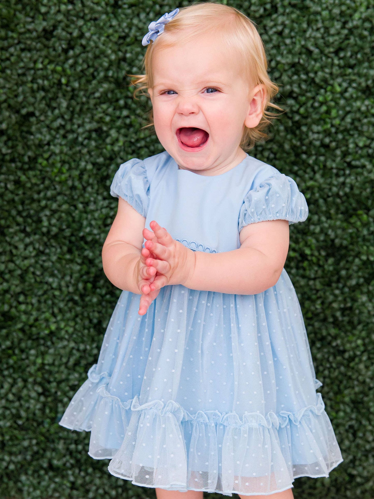 RuffleButts Blue Dotted Tulle Dress