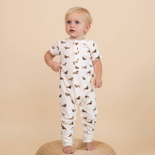 Organic Short Sleeve Button Romper - Doggies