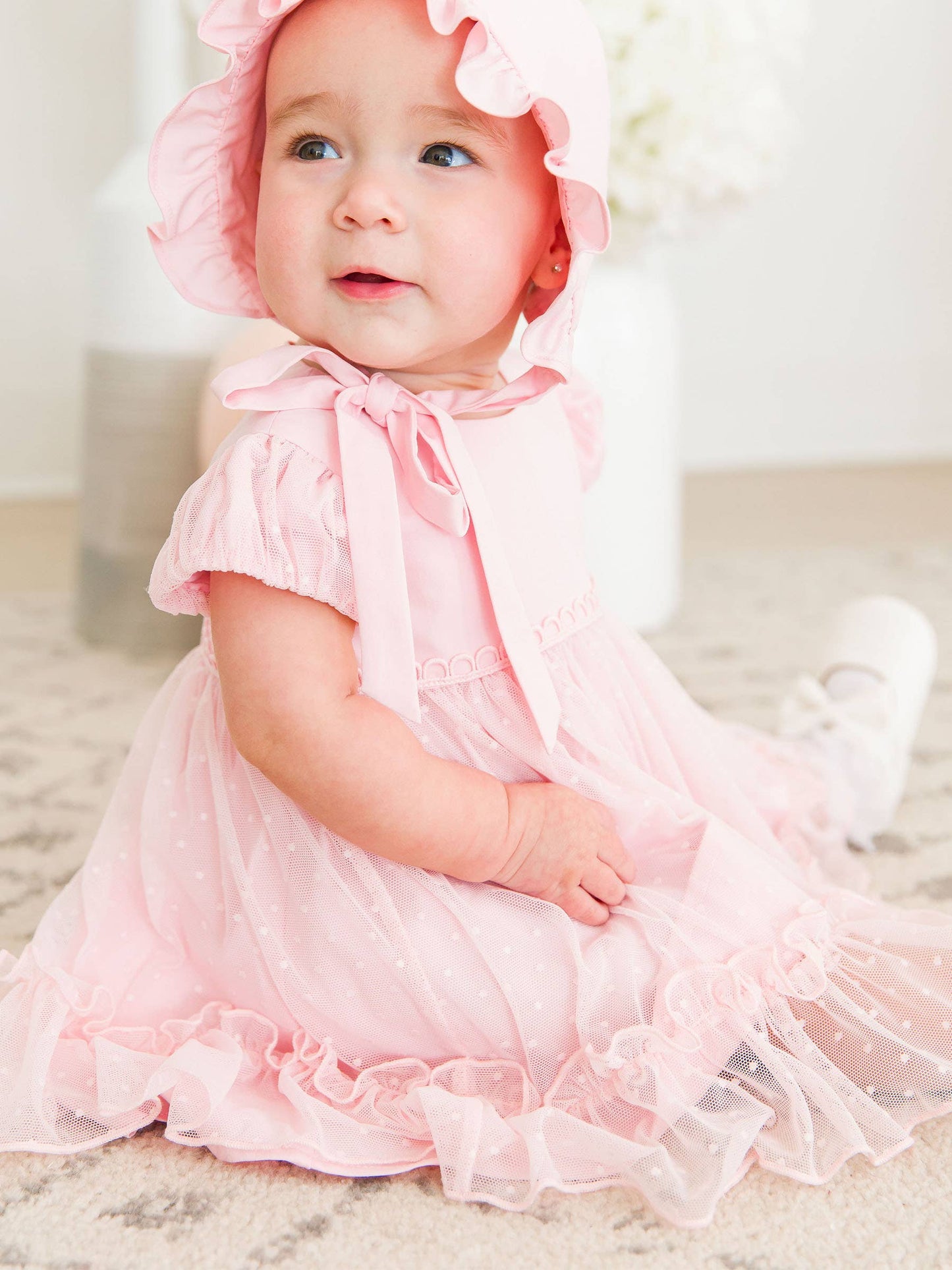 RuffleButts Pink Dotted Tulle Dress
