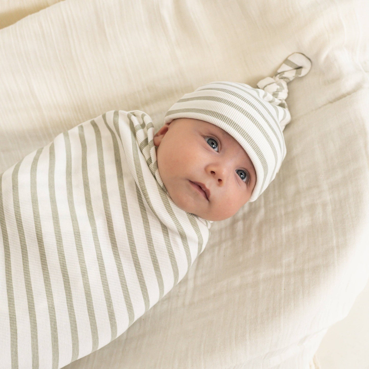 Organic Swaddle Blanket & Hat Set - Sage Stripes