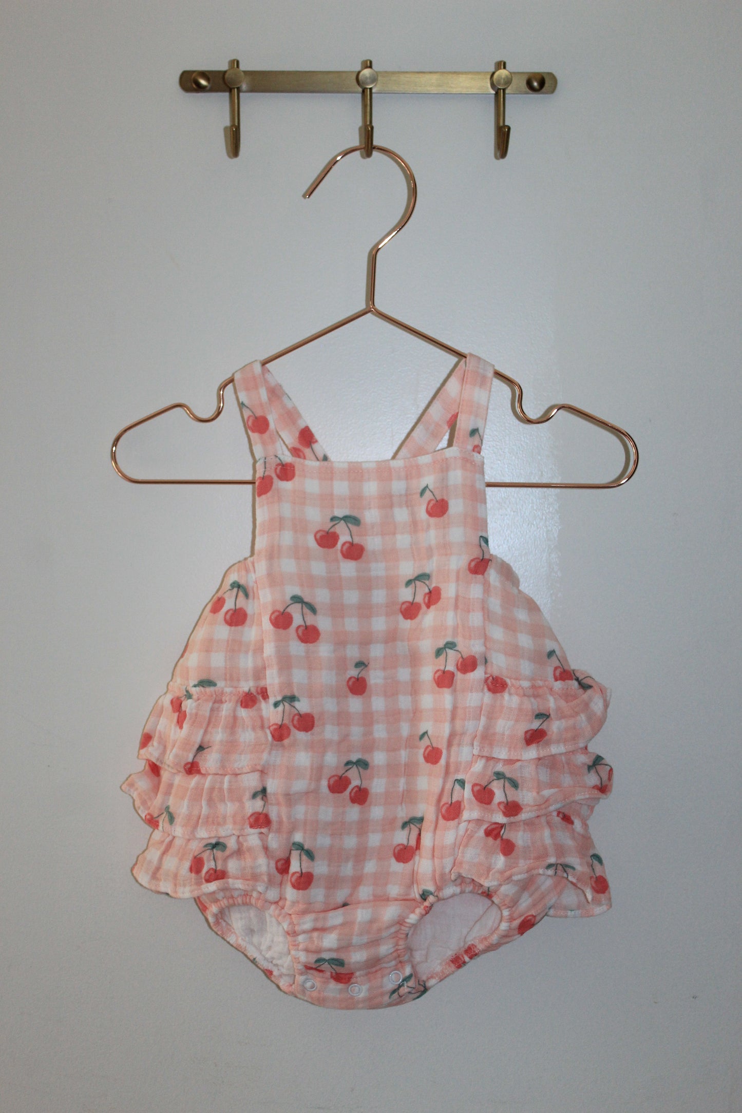 Gingham Cherries Muslin Ruffle Sunsuit