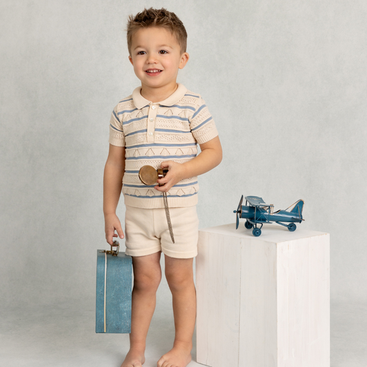 Boys Pointelle Striped Knit Set: Ecru