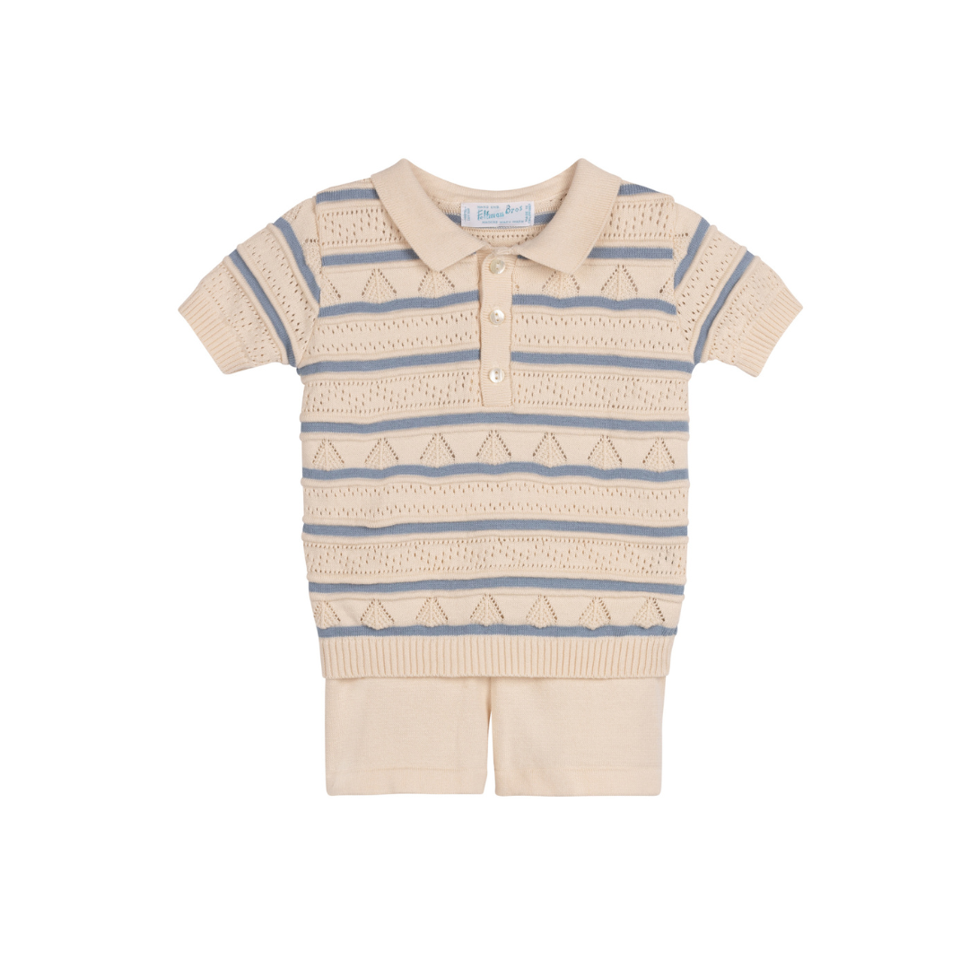 Boys Pointelle Striped Knit Set: Ecru