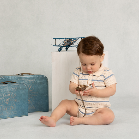 Boys Pointelle Striped Knit Romper: Ecru
