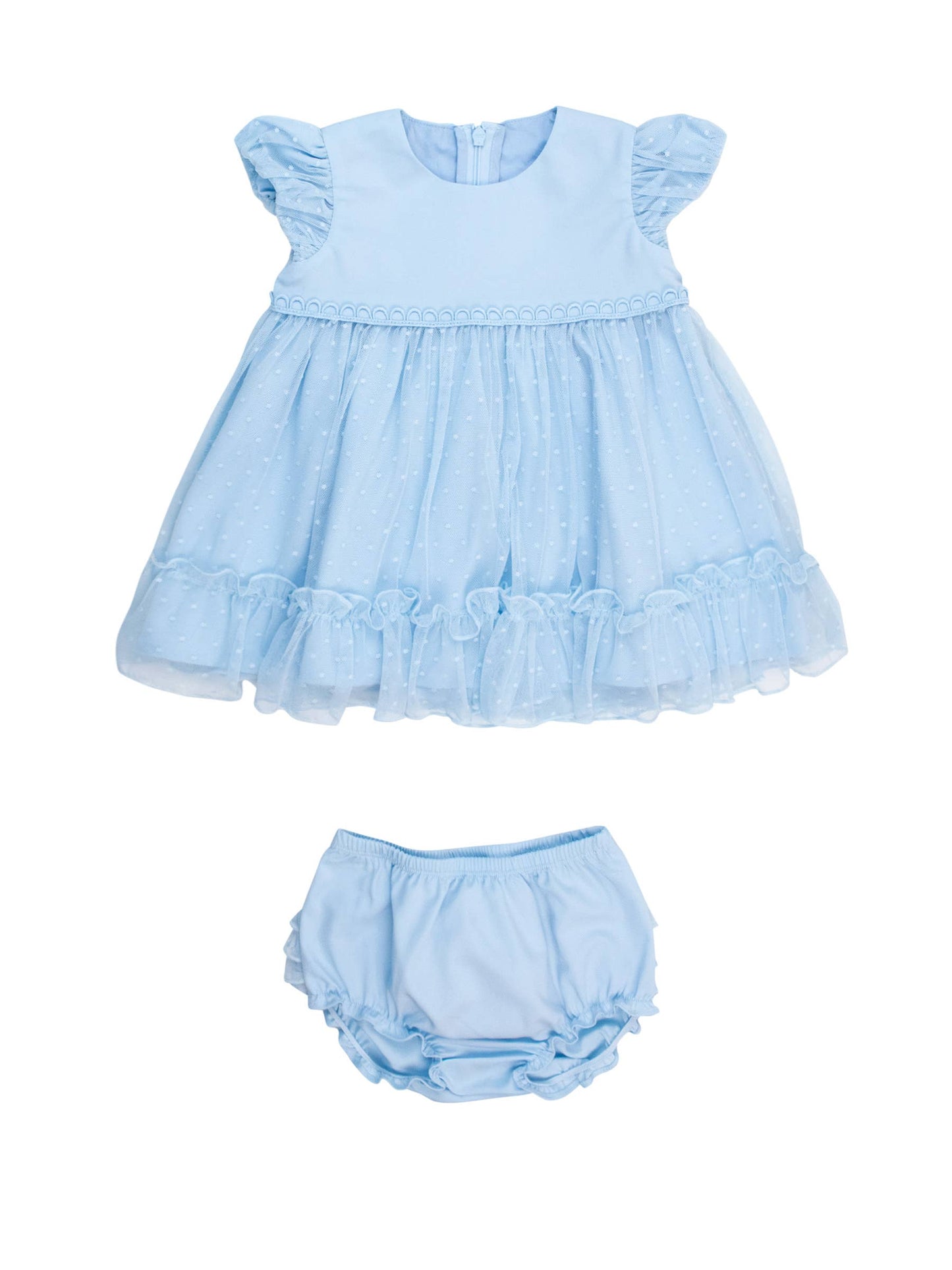 RuffleButts Blue Dotted Tulle Dress