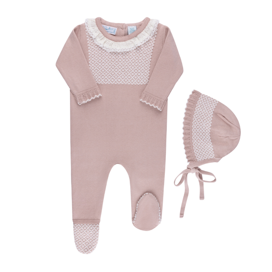 Jacquard Ruffled Knit Romper Footie & Bonnet: Pink