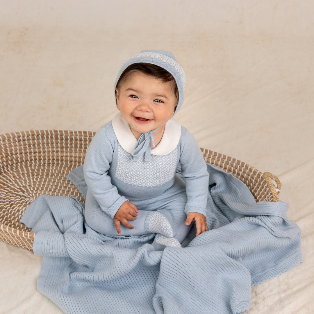 Jacquard Collared Knit Romper & Bonnet: Powder Blue