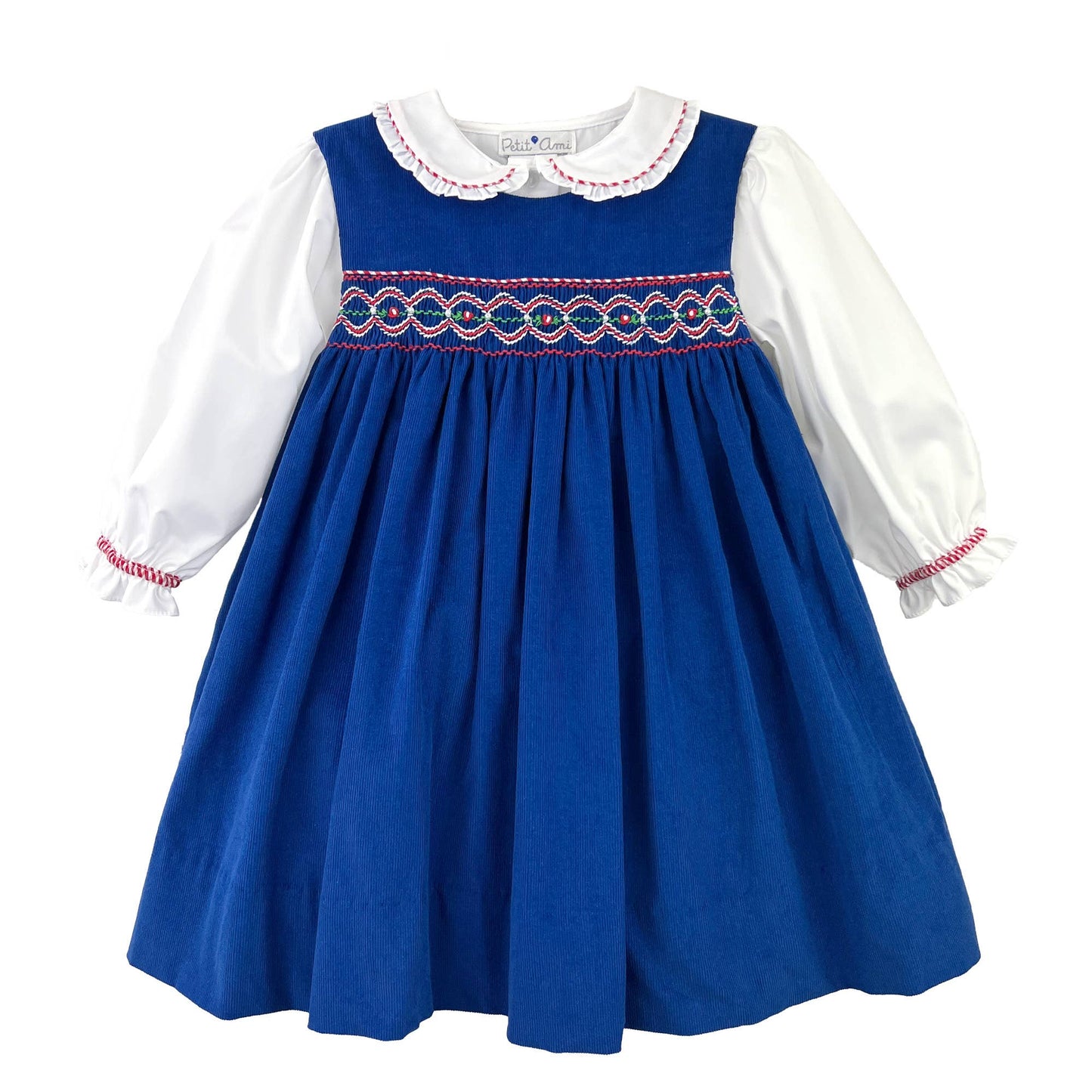 Blue jumper dress with collar and gathered sleeves on white background

