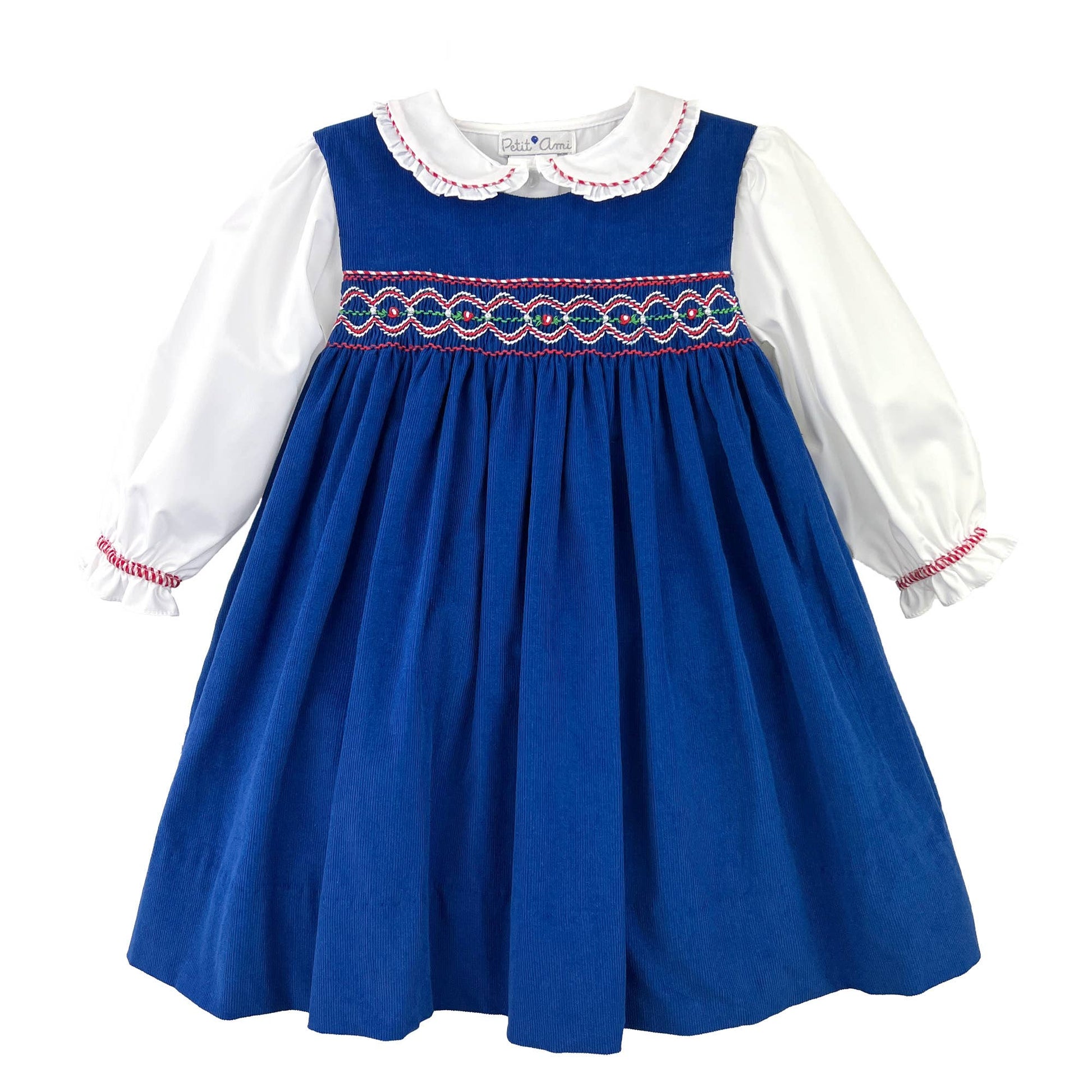 Blue jumper dress with collar and gathered sleeves on white background
