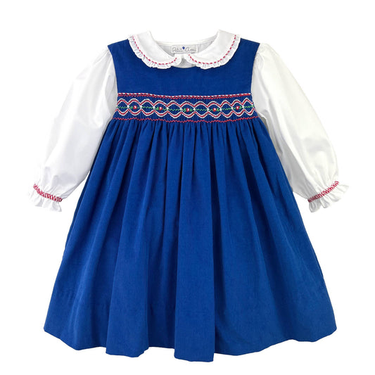 Blue jumper dress with collar and gathered sleeves on white background
