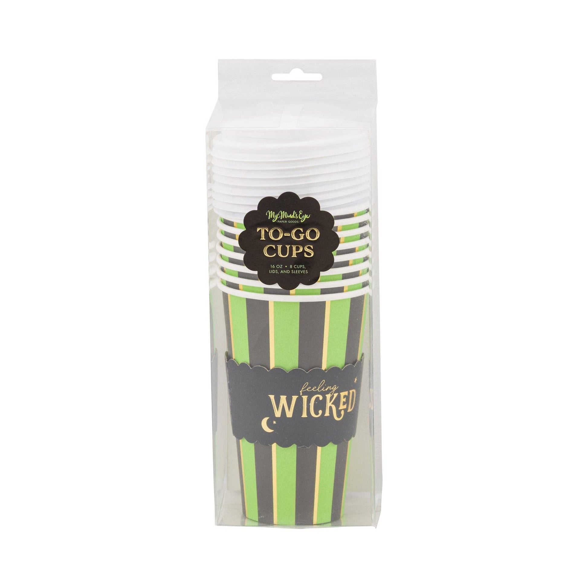 Packaged to-go cups with green and black striped design on a white background. Green and black coffee to go cups that say feeling wicked on coffee cup sleeve. 