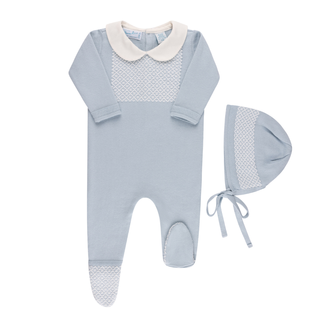 Jacquard Collared Knit Romper & Bonnet: Powder Blue