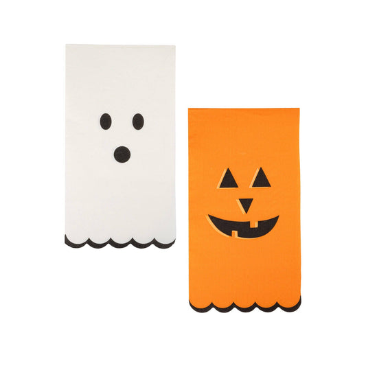 Two Halloween-themed napkins, one ghost and one jack-o'-lantern, on a white background.