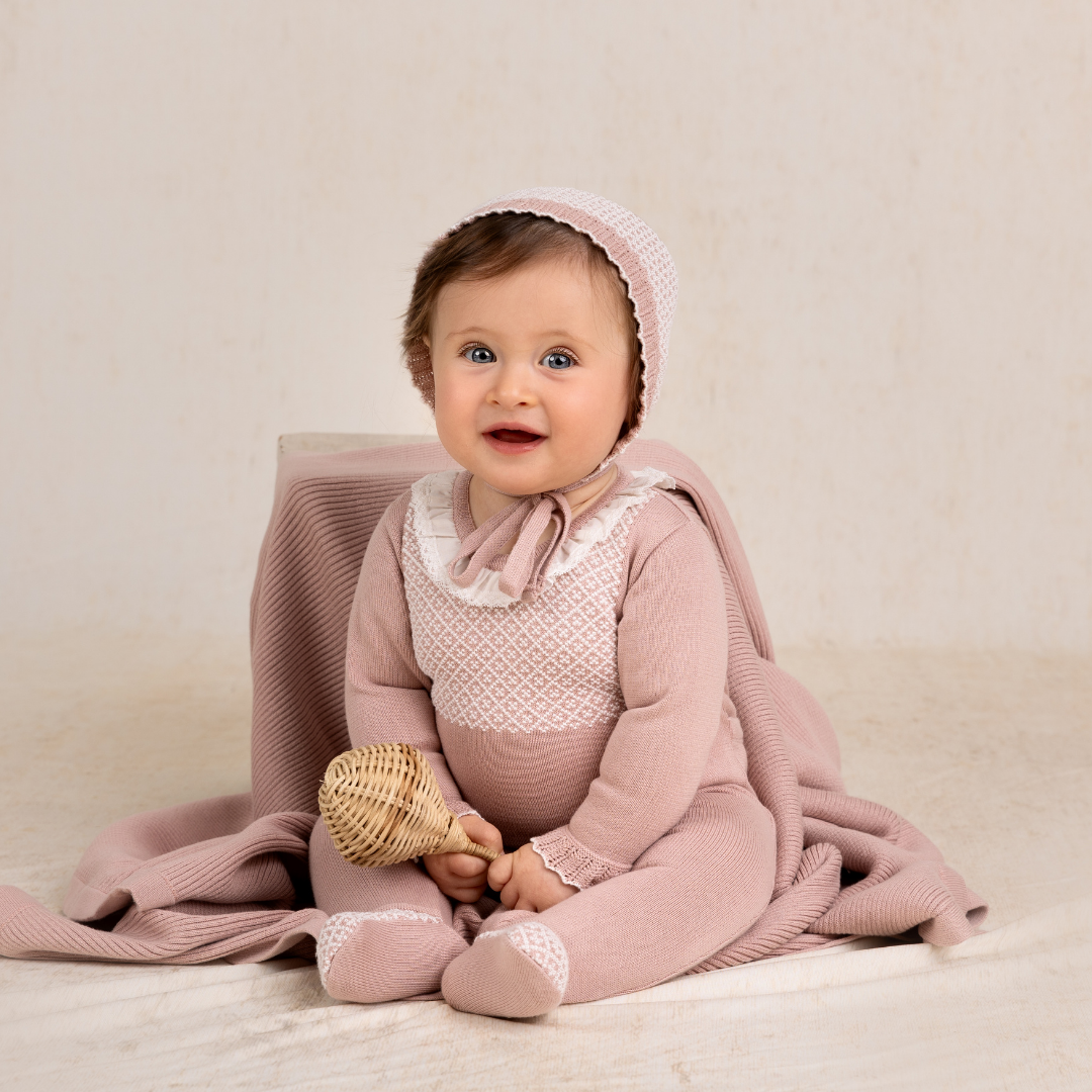 Jacquard Ruffled Knit Romper Footie & Bonnet: Pink