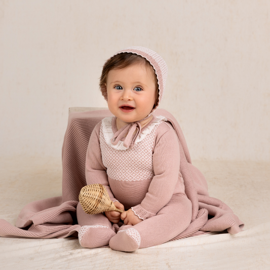 Jacquard Ruffled Knit Romper Footie & Bonnet: Pink