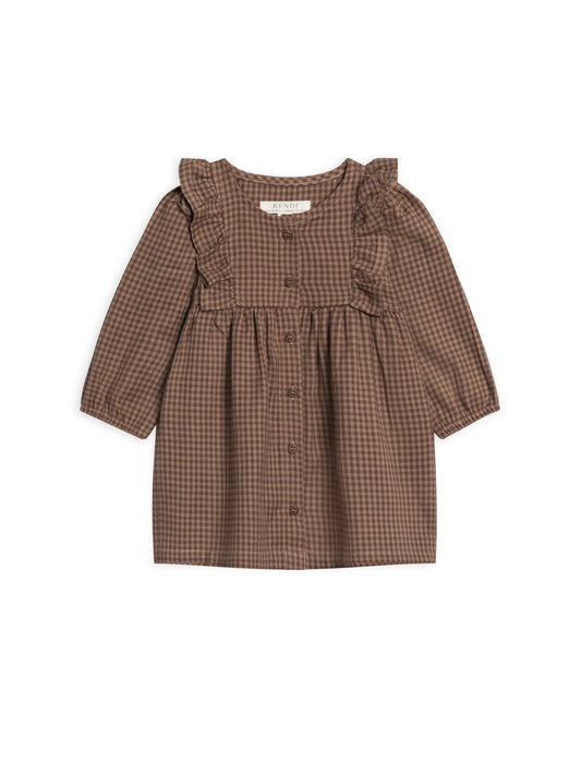 brown flannel dress with ruffled sleeves
