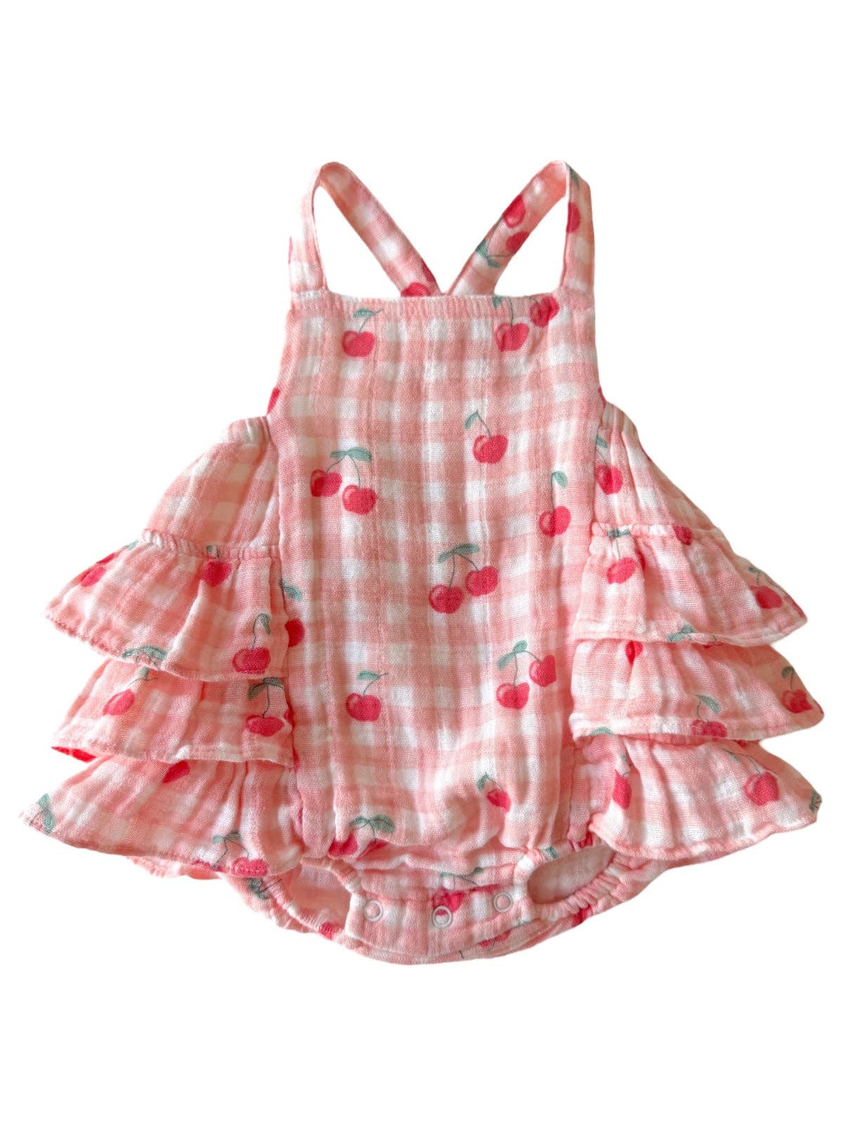 Gingham Cherries Muslin Ruffle Sunsuit