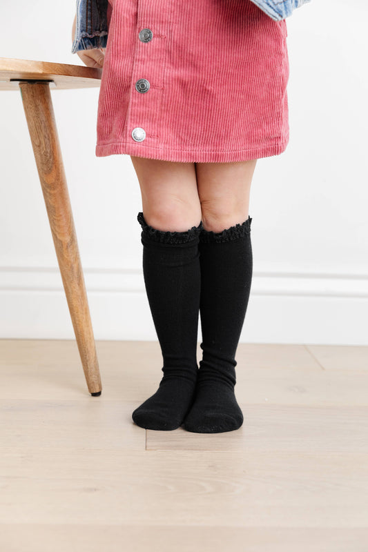 Lace Top Knee High Socks (Black)