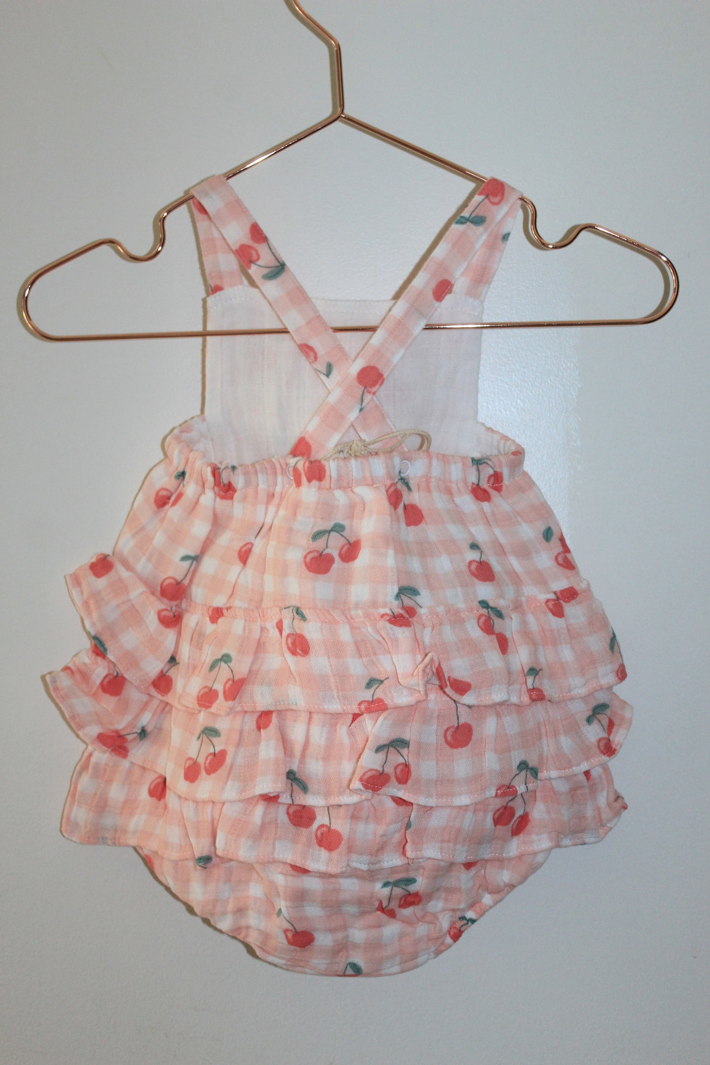 Gingham Cherries Muslin Ruffle Sunsuit