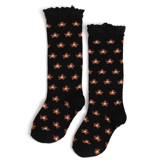 Floral Lace Top Knee High Socks (Black)