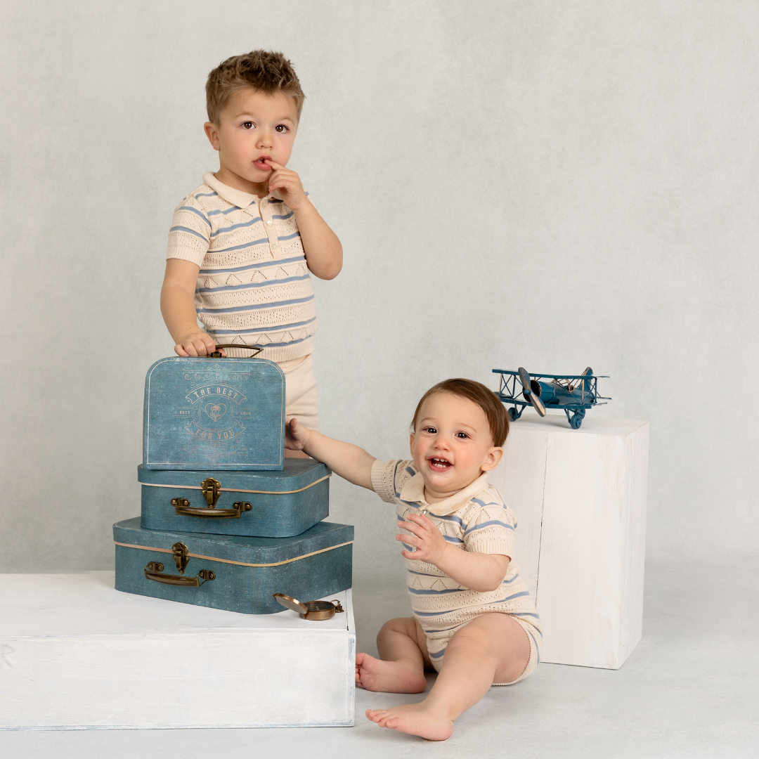 Boys Pointelle Striped Knit Set: Ecru