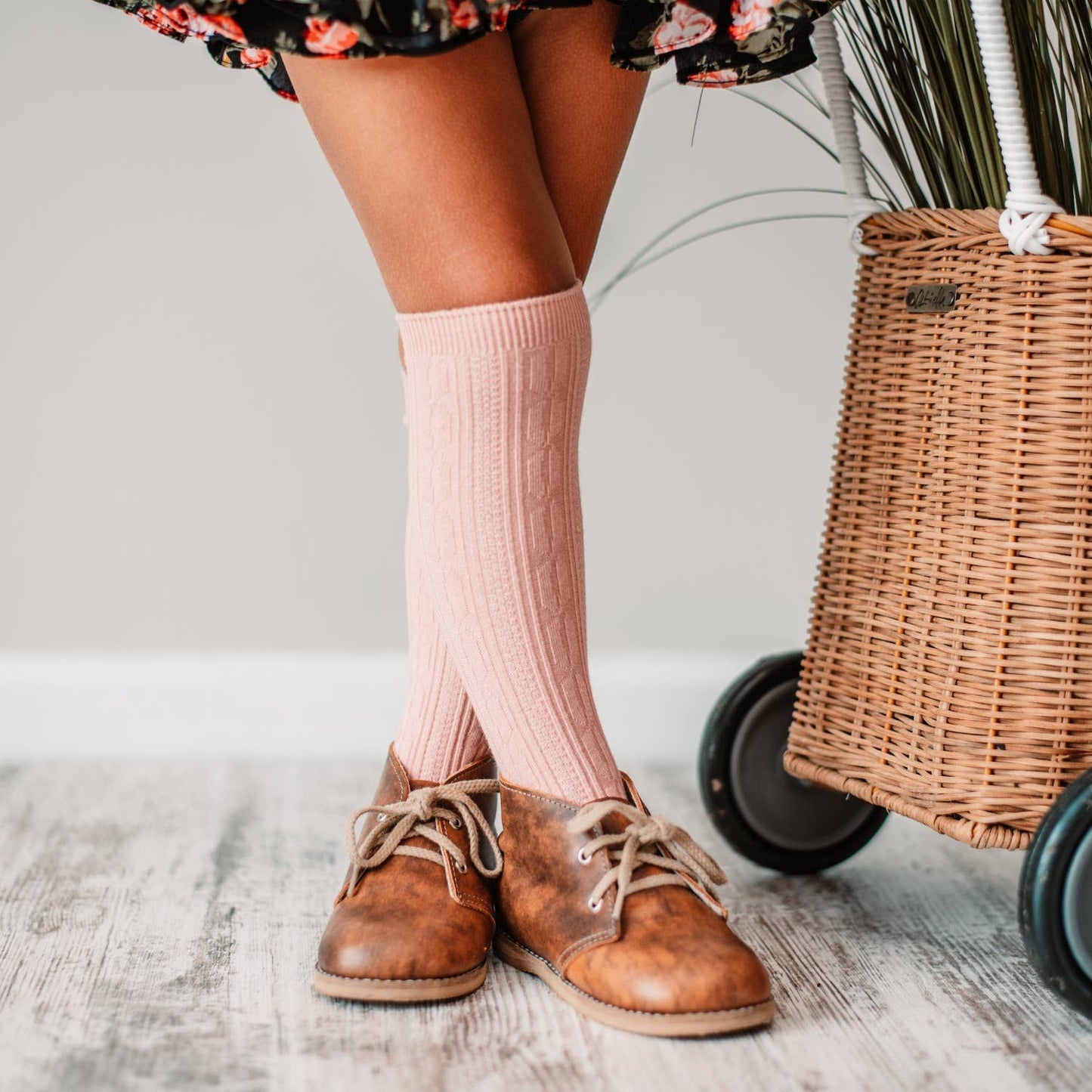 Cable Knit Knee High Socks (Blush)